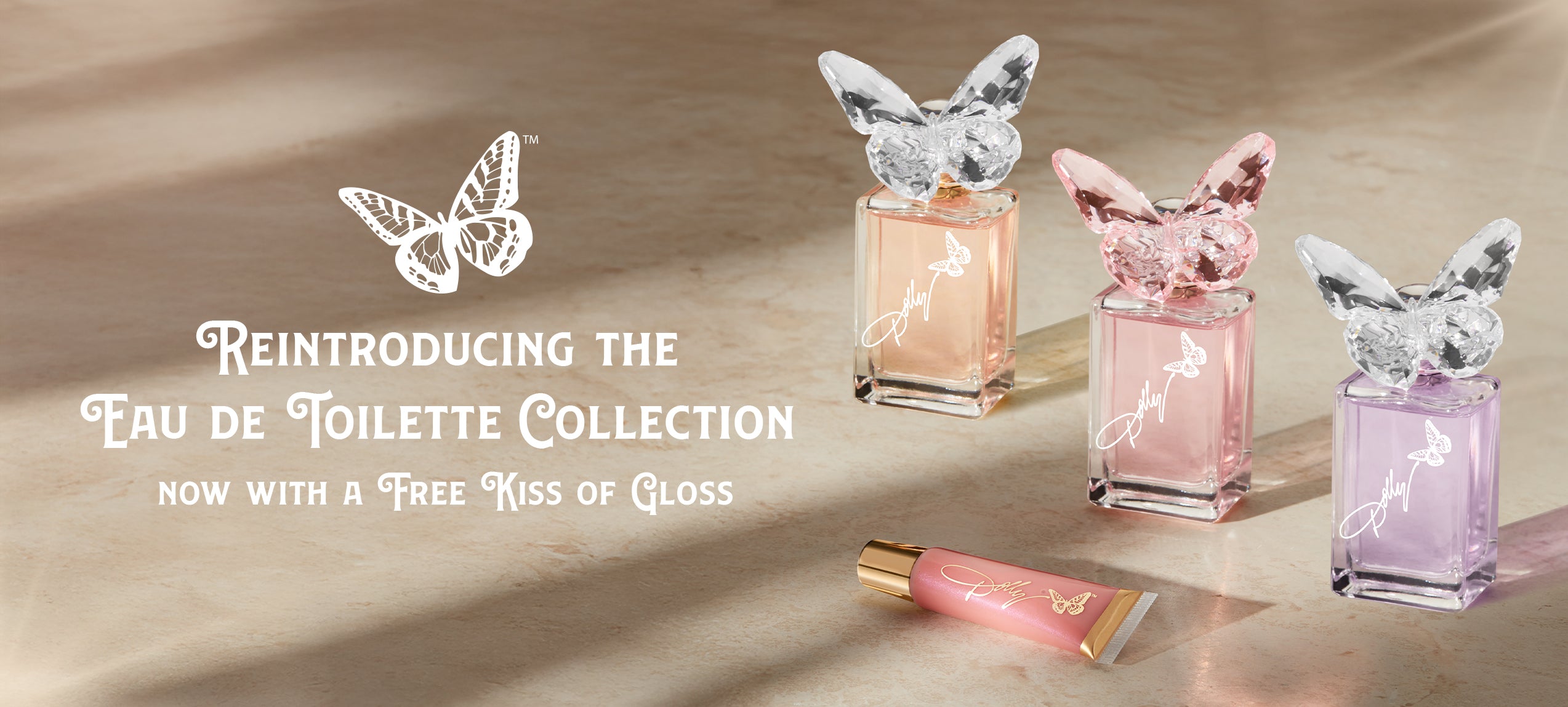 Three butterfly-shaped perfume bottles with a small lip gloss on a beige background, featuring the brand logo and text about the Eau de Toilette Collection.